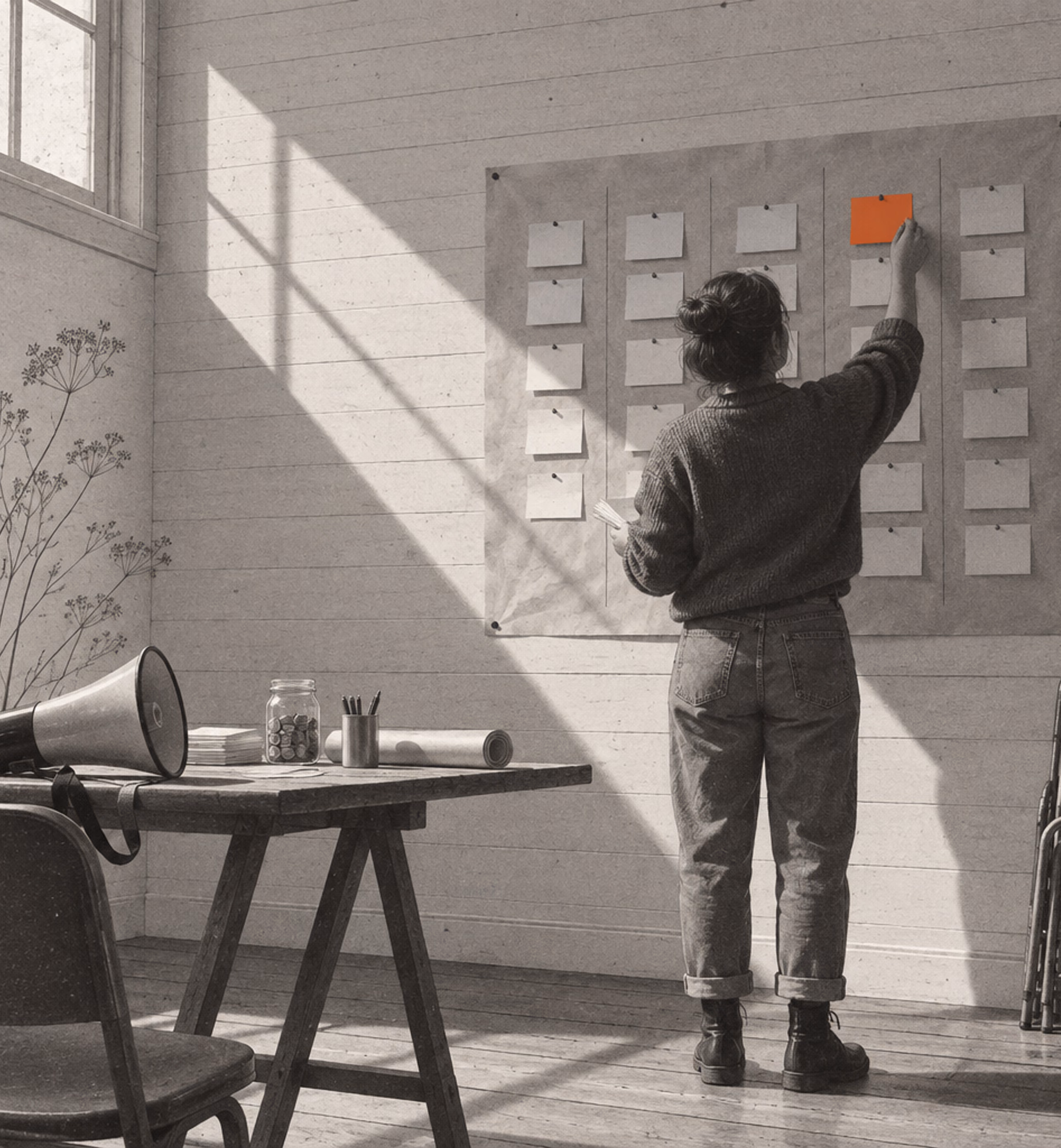 A large ruled sheet pinned to a hall wall, filled with rows of small cards
