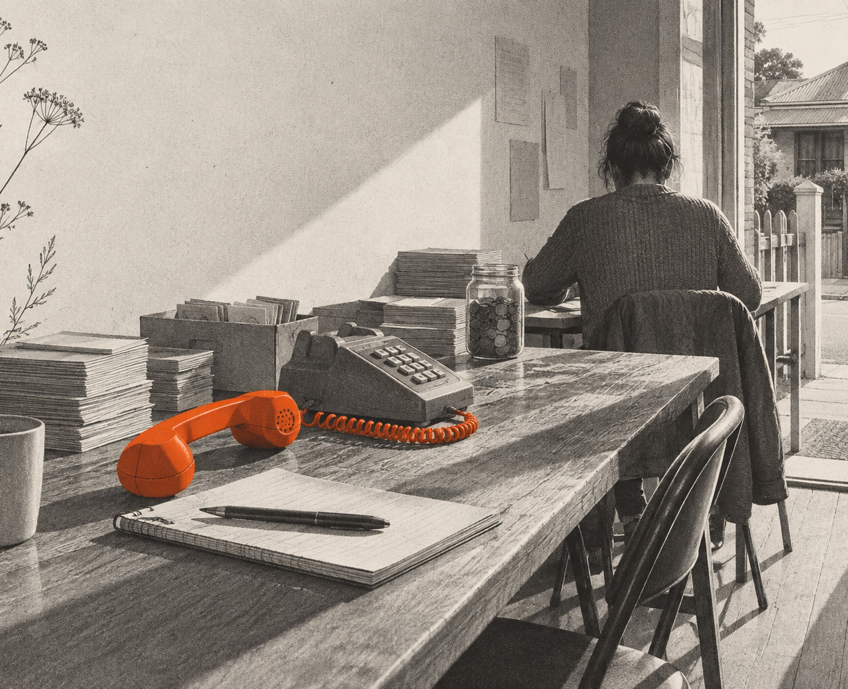 A telephone with a coiled cord on a trestle table, a doorway onto the street beyond