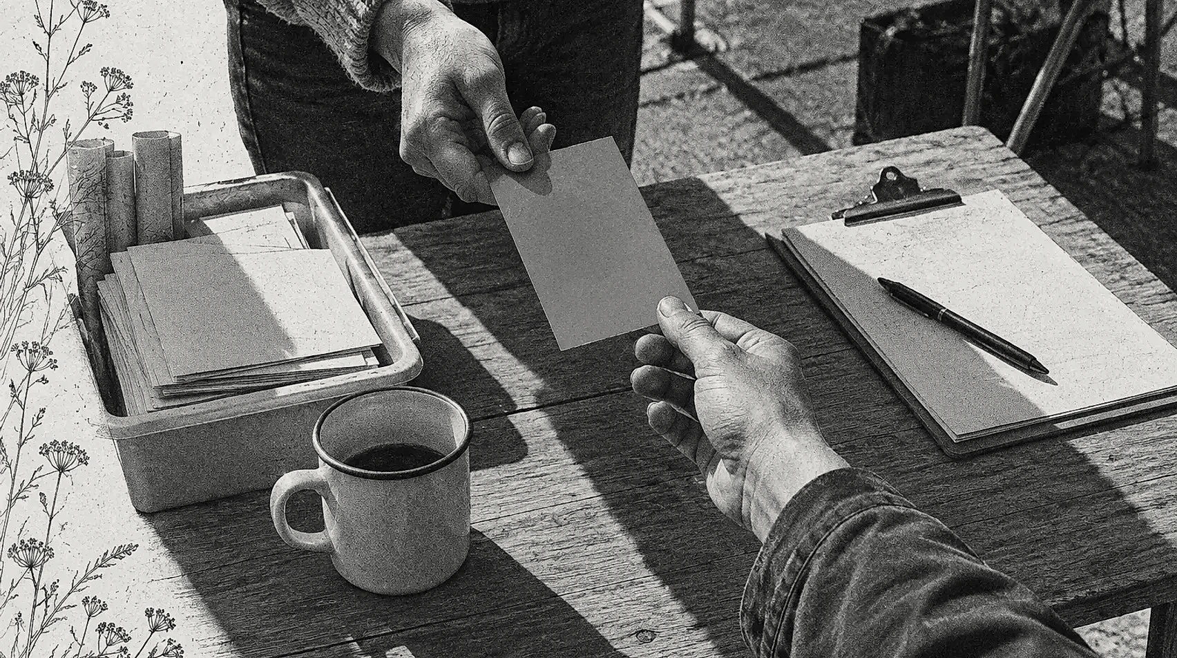 A card passed from one hand to another across a trestle table