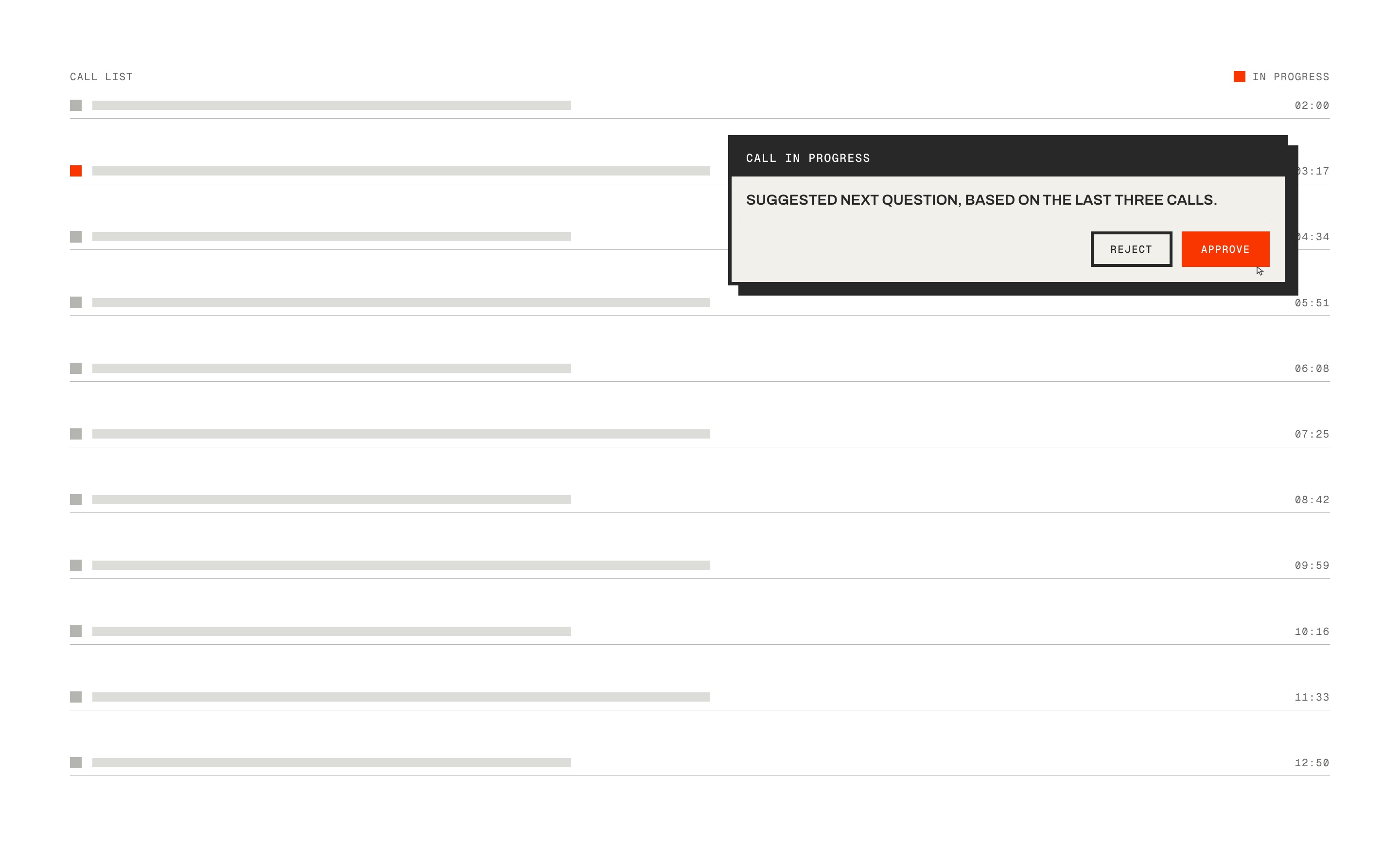A call list with one row in progress, and a chat card over it suggesting the next question from the last three calls, with reject and approve.