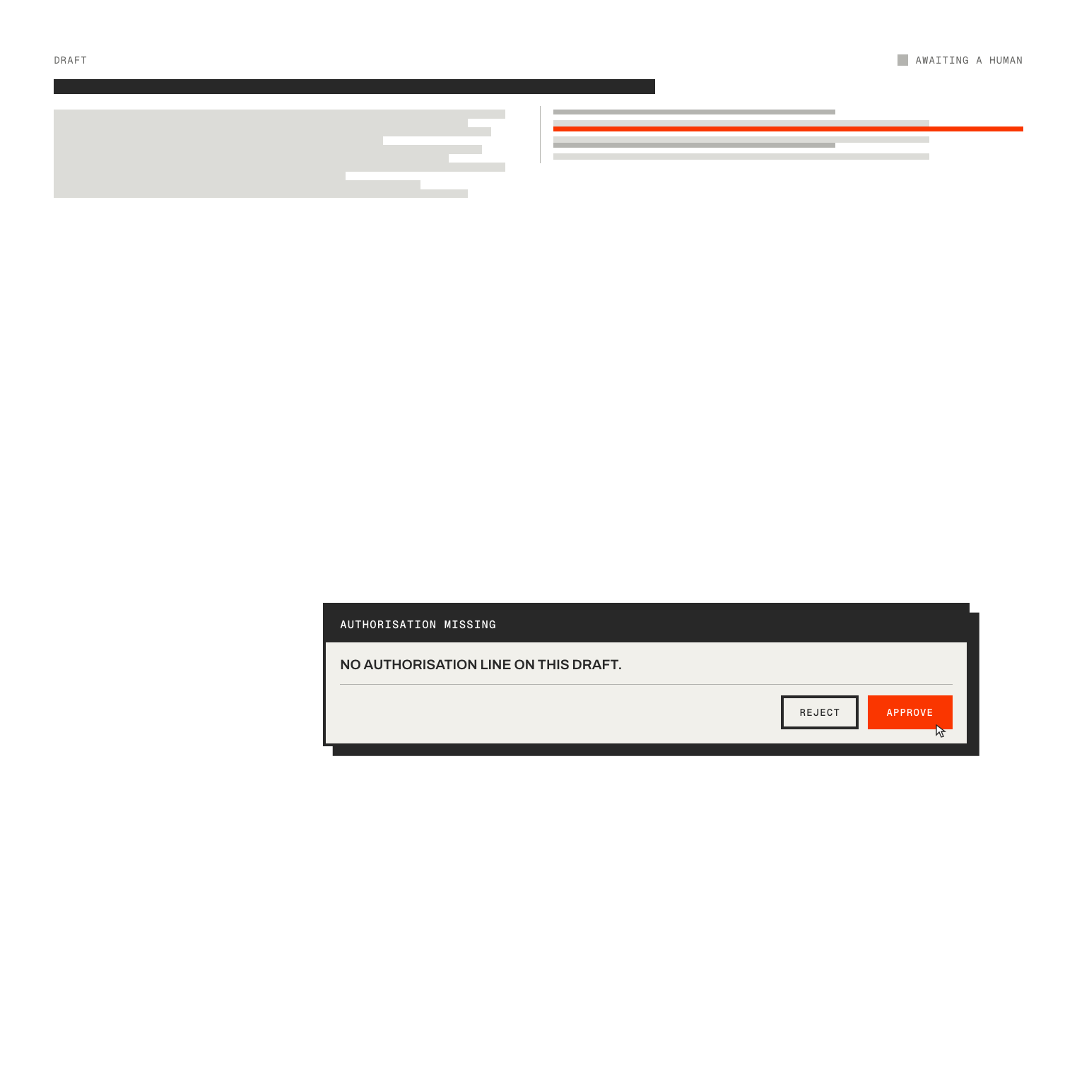 An email draft flagged for a missing authorisation line